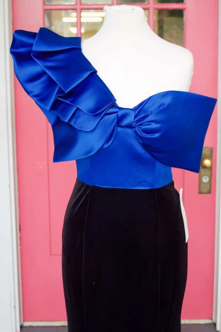 Velvet One-Shoulder Ruffles Mermaid Long Formal Prom Dress With Bow